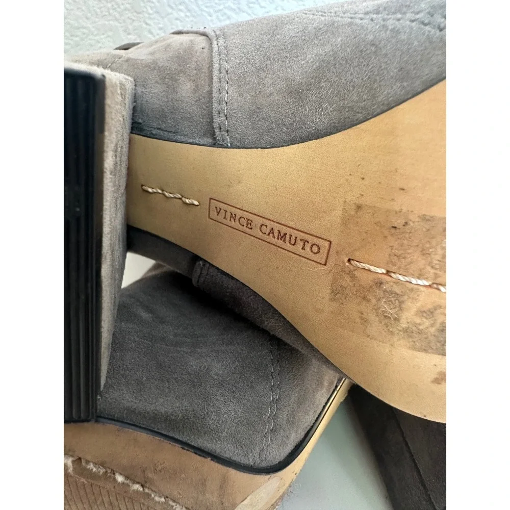 Vince Camuto Gray Suede Buckle Strap Slouchy Block Heel Ankle Boots Size 6M